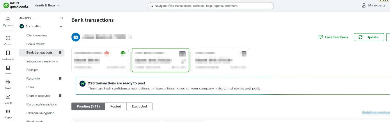 Hearth and Haus QuickBooks bank feed before cleanup, with 228 transactions ready to post and a Pending (511) backlog circled.