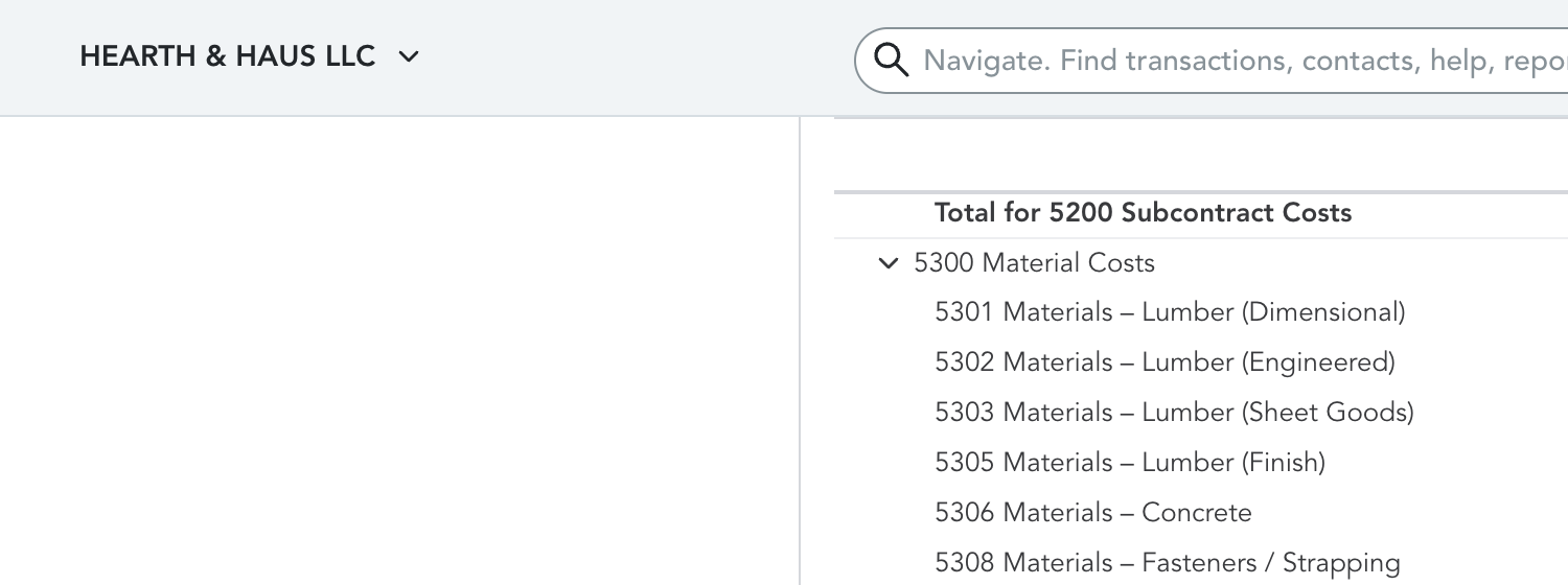 Hearth and Haus cost of goods sold after cleanup, the granular material and subcontractor accounts circled.