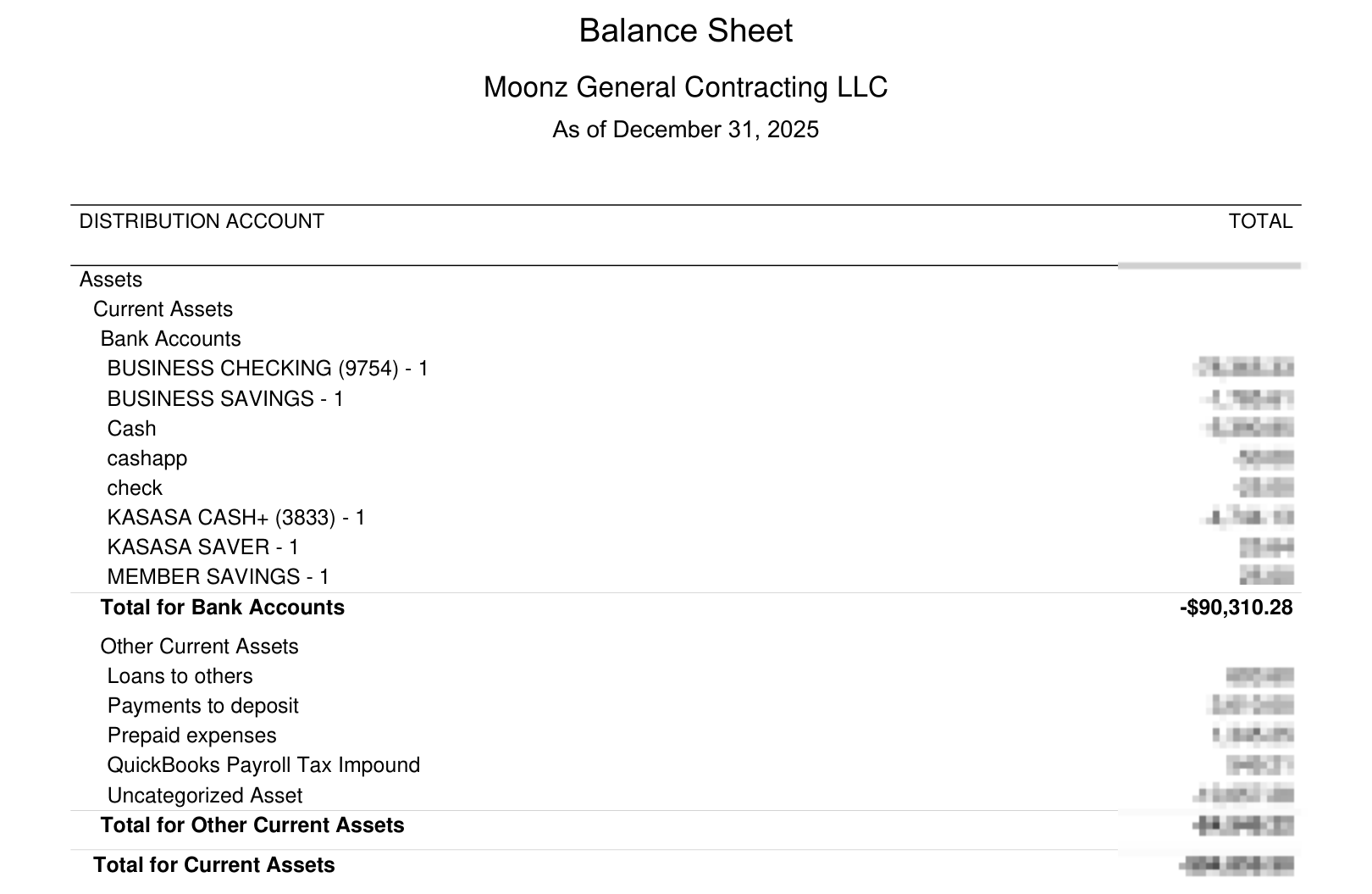 Moonz General Contracting balance sheet before cleanup, showing a negative total-asset balance; amounts blurred for privacy.