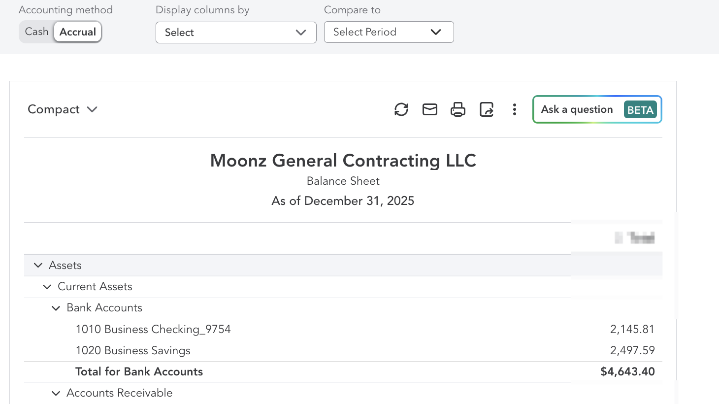 Moonz General Contracting balance sheet after cleanup, numbered bank accounts circled.