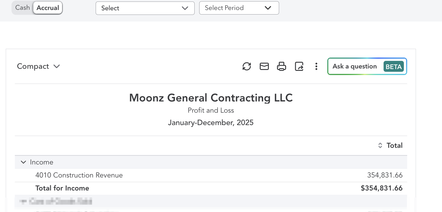 Moonz General Contracting profit and loss after cleanup, with the construction revenue line circled; amounts blurred for privacy.