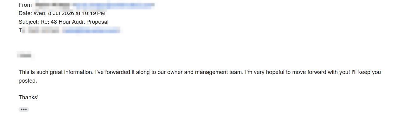 Client reply after receiving their audit, identifying details redacted