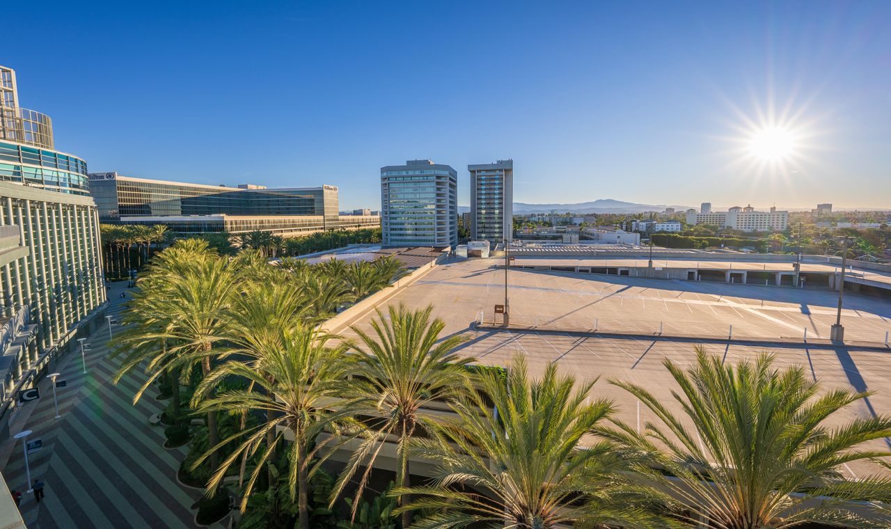 Hotel towers and palms beside the Anaheim Convention Center at sunrise, the resort district driving Anaheim hospitality and tenant improvement work