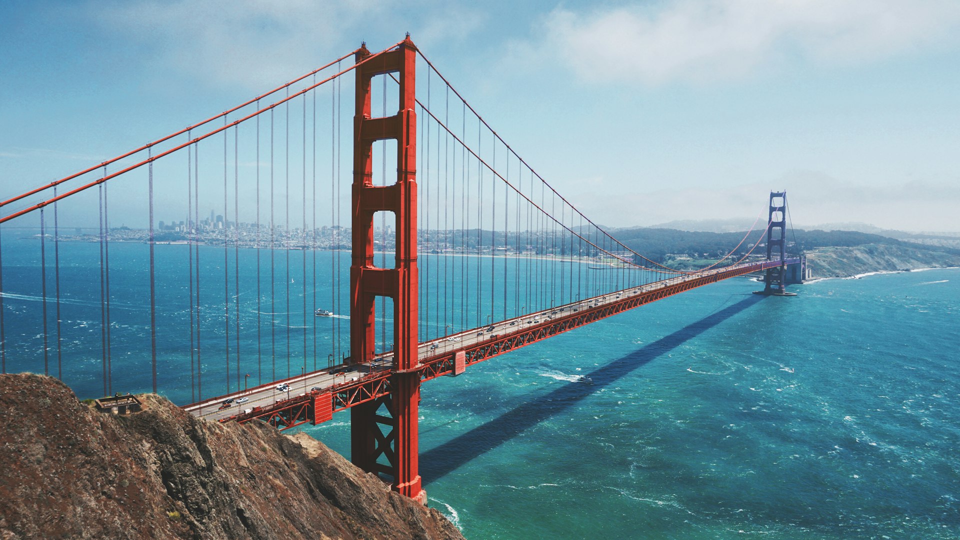 The Golden Gate Bridge seen from the Marin headlands with the San Francisco skyline across the bay, one of the California markets FinTruction serves with construction accounting