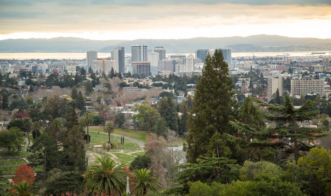 The Oakland skyline and East Bay hills seen across the treetops, the market FinTruction supports with job costing and WIP reporting