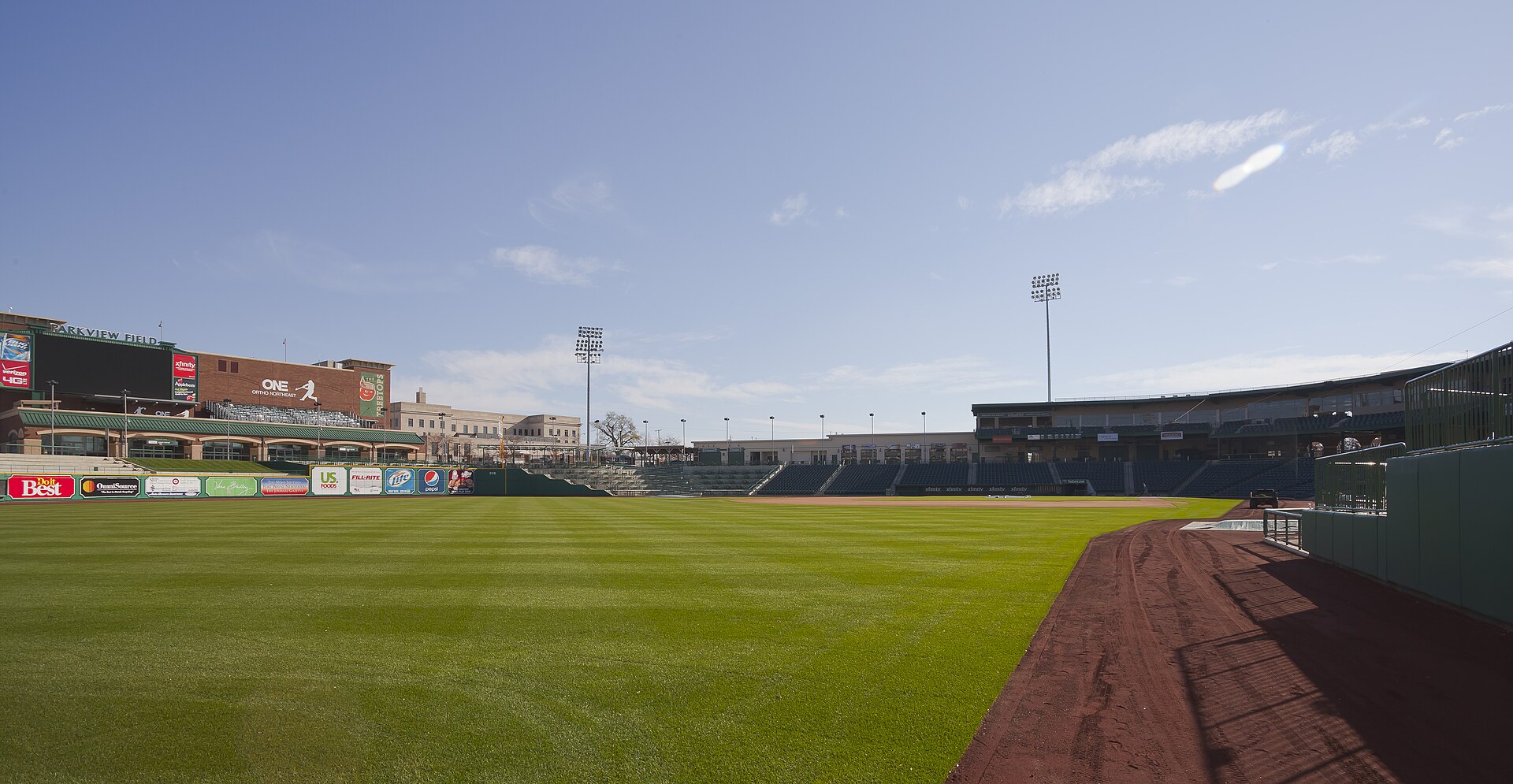 Parkview Field in downtown Fort Wayne, empty outfield grass and warning track under a clear sky with the scoreboard and grandstand behind