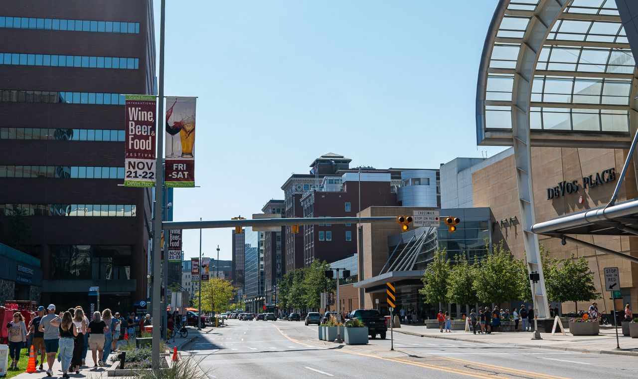 A downtown Grand Rapids street beside DeVos Place, where hospitality and convention fit-out work keeps West Michigan contractors busy