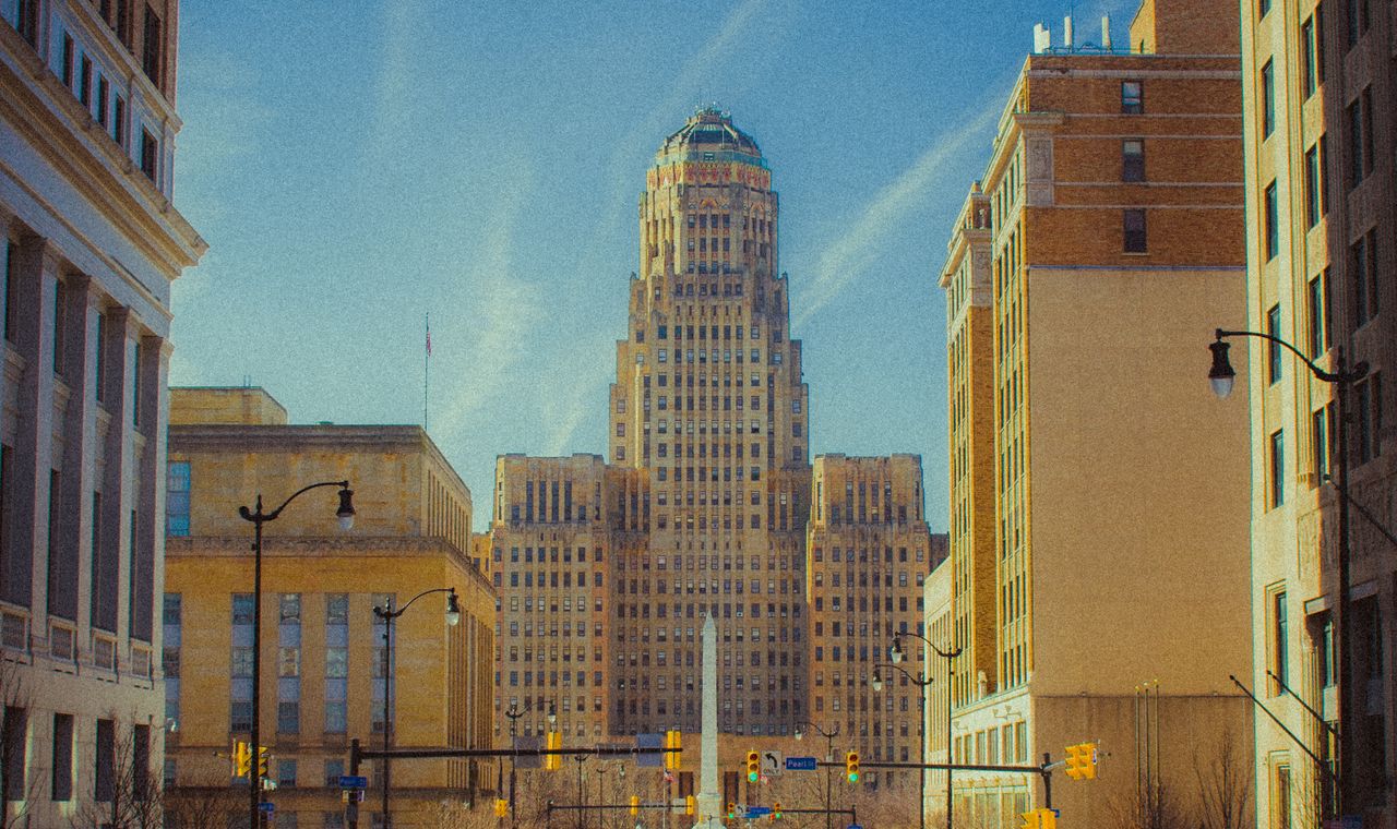Buffalo City Hall and its Art Deco tower above Niagara Square in daylight, the Western New York market FinTruction supports with contractor bookkeeping
