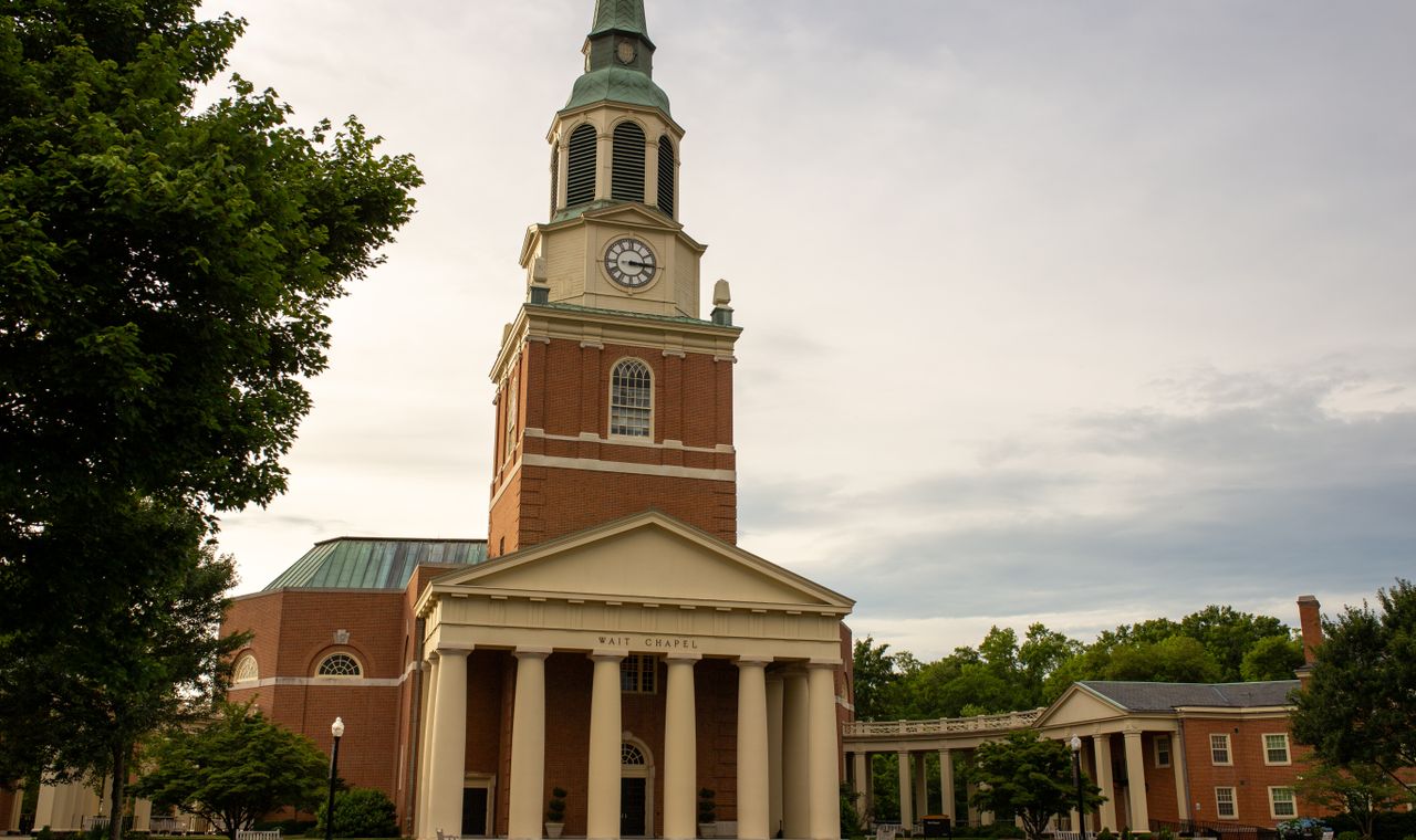 Wait Chapel and the red brick campus buildings at Wake Forest University in Winston-Salem, institutional work FinTruction job costs